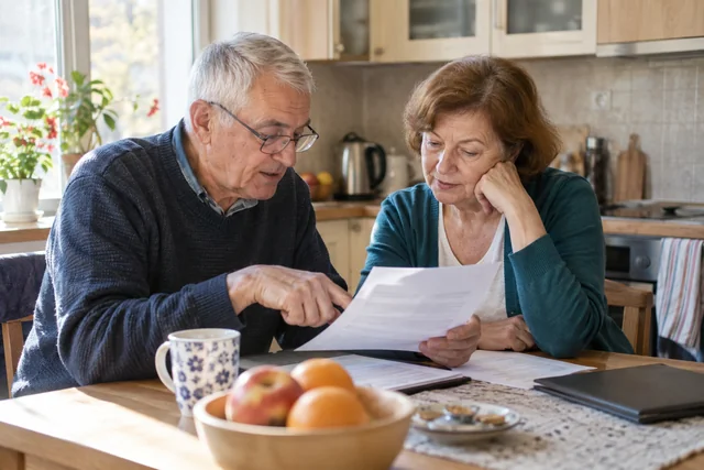 Illustration: et ældre par gennemgår pensionspapirer i et lyst hjem i Bulgarien.